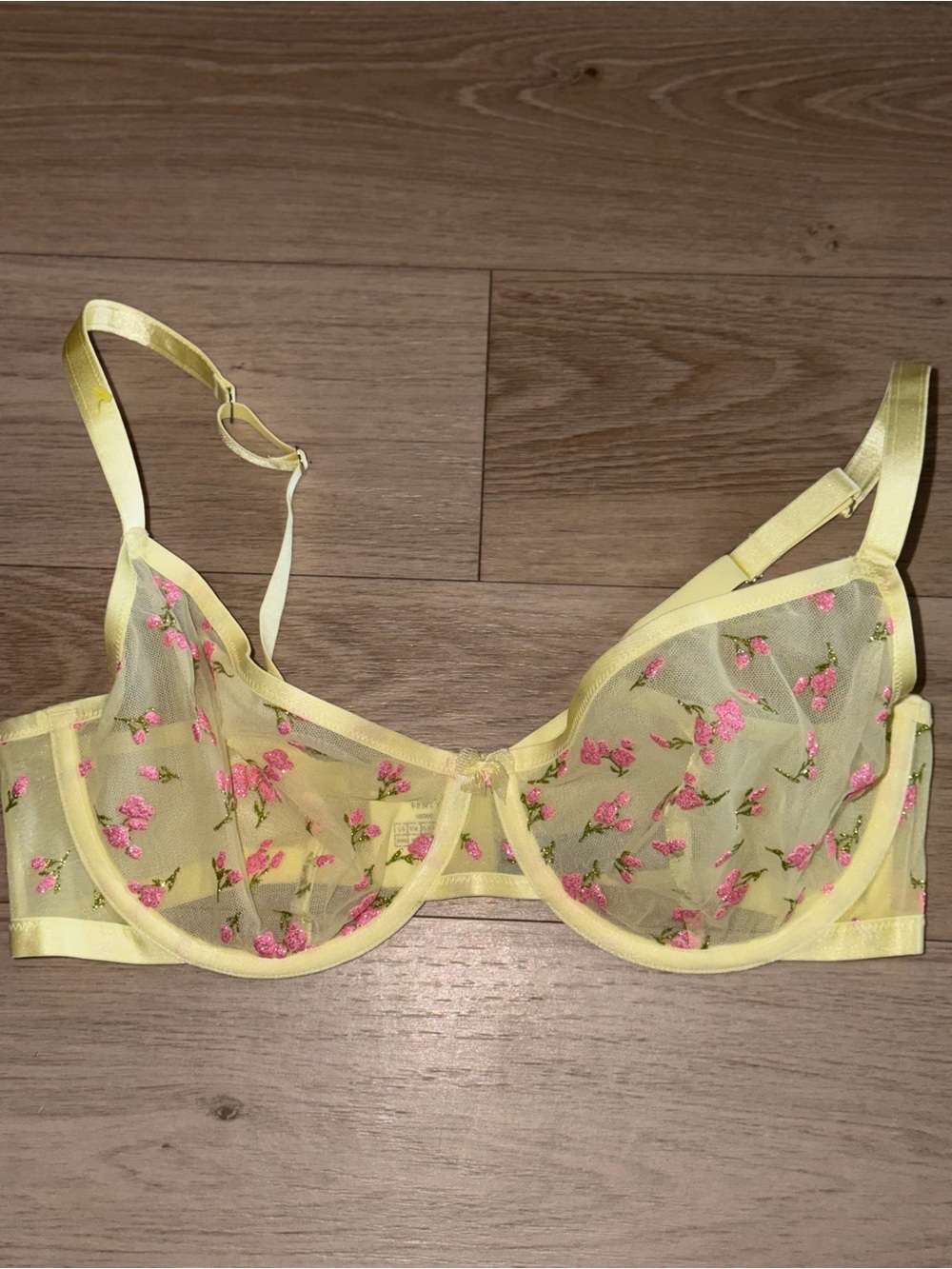 Savage X Fenty Yellow Sheer Floral Underwire Bra with Pink Embroidery